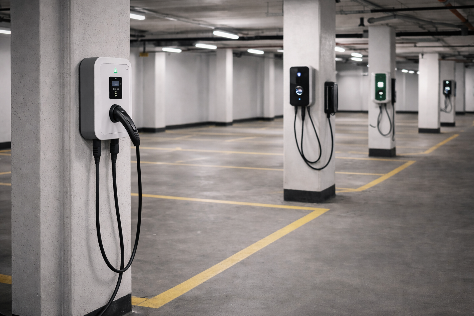 Estaciones de carga para vehículos eléctricos instaladas en un estacionamiento subterráneo